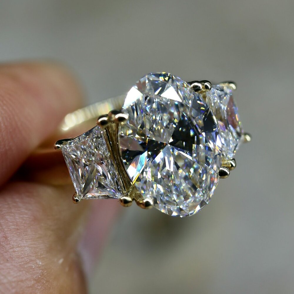 8.00 Carat Oval Trapezoid Lab Grown Diamond Ring Yellow Gold – Handmade in L